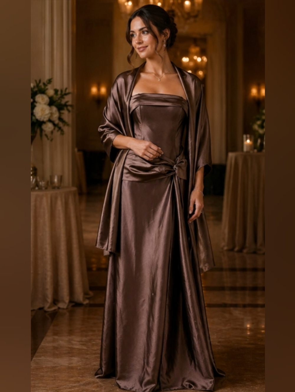 Vintage Juno Strapless Satin Gown Warm Brown Formal Dress with Shawl - Picture 2 of 12